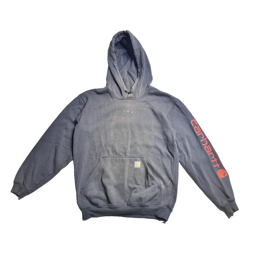 Carhartt Men’s Gray Loose Fit Pullover Hoodie Red Sleeve Logo Medium